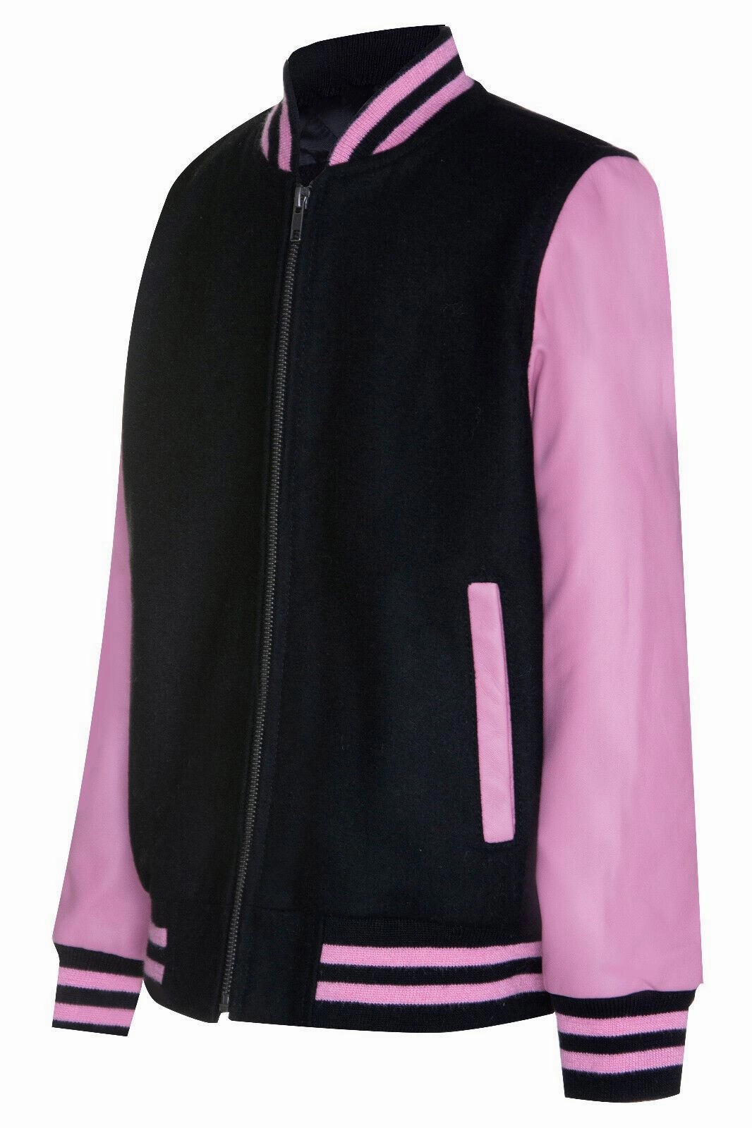 Kids Varsity Black & Pink Bomber Jacket with Real Leather Sleeves 3-13 yrs Boys Waterproof Parka
