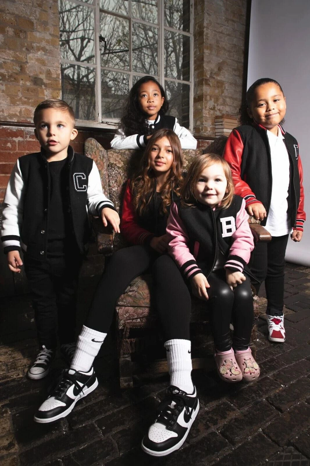 Kids Varsity Black & Red Bomber Jacket with Real Leather Sleeves 3-13 yrs Boys Waterproof Parka