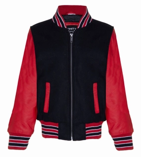 Kids Varsity Black & Red Bomber Jacket with Real Leather Sleeves 3-13 yrs winter jackets for boys, lightweight puffer boys