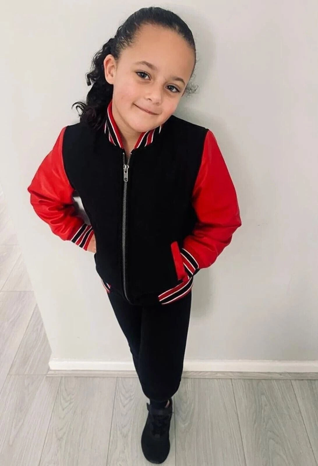 Kids Varsity Black & Red Bomber Jacket with Real Leather Sleeves 3-13 yrs Boys Waterproof Parka