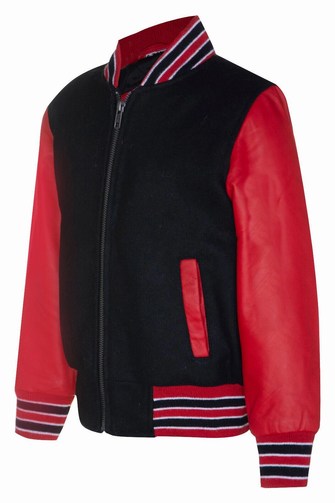 Kids Varsity Black & Red Bomber Jacket with Real Leather Sleeves 3-13 yrs Boys Waterproof Parka