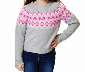 Little Girls Fair Isle Sweater In Heather Grey/pink ruffle tops girls, long sleeve tees girls