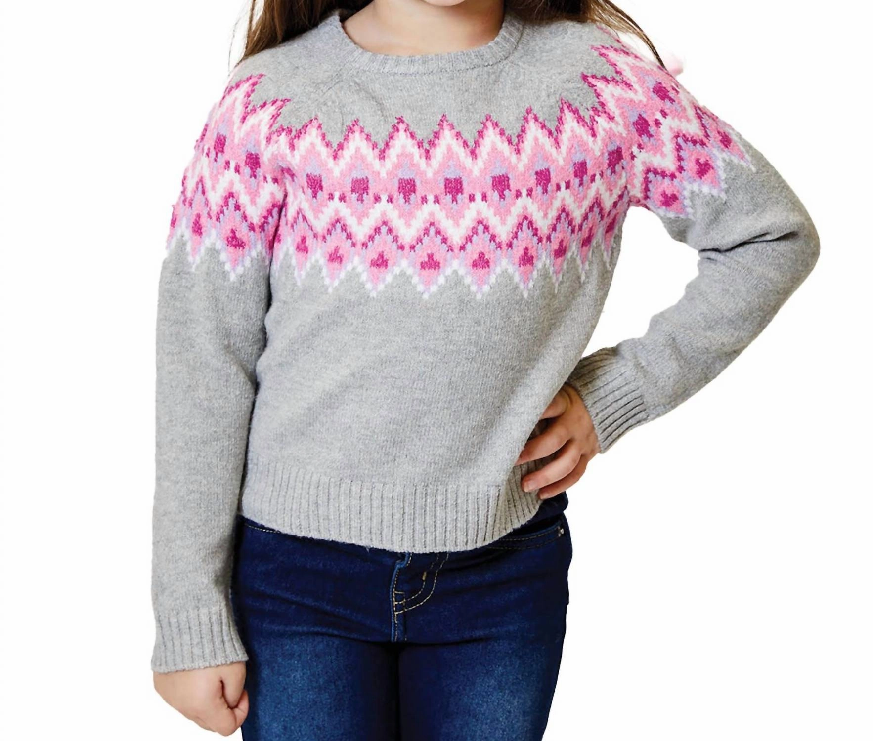 Little Girls Fair Isle Sweater In Heather Grey/pink ruffle tops girls, long sleeve tees girls