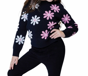 Little Girls Sweater In Black Floral ruffle tops girls, long sleeve tees girls