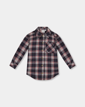 Long Sleeve Button Front Tunic Flannel Shirt Plaid Navy And Pink ruffle tops girls, long sleeve tees girls