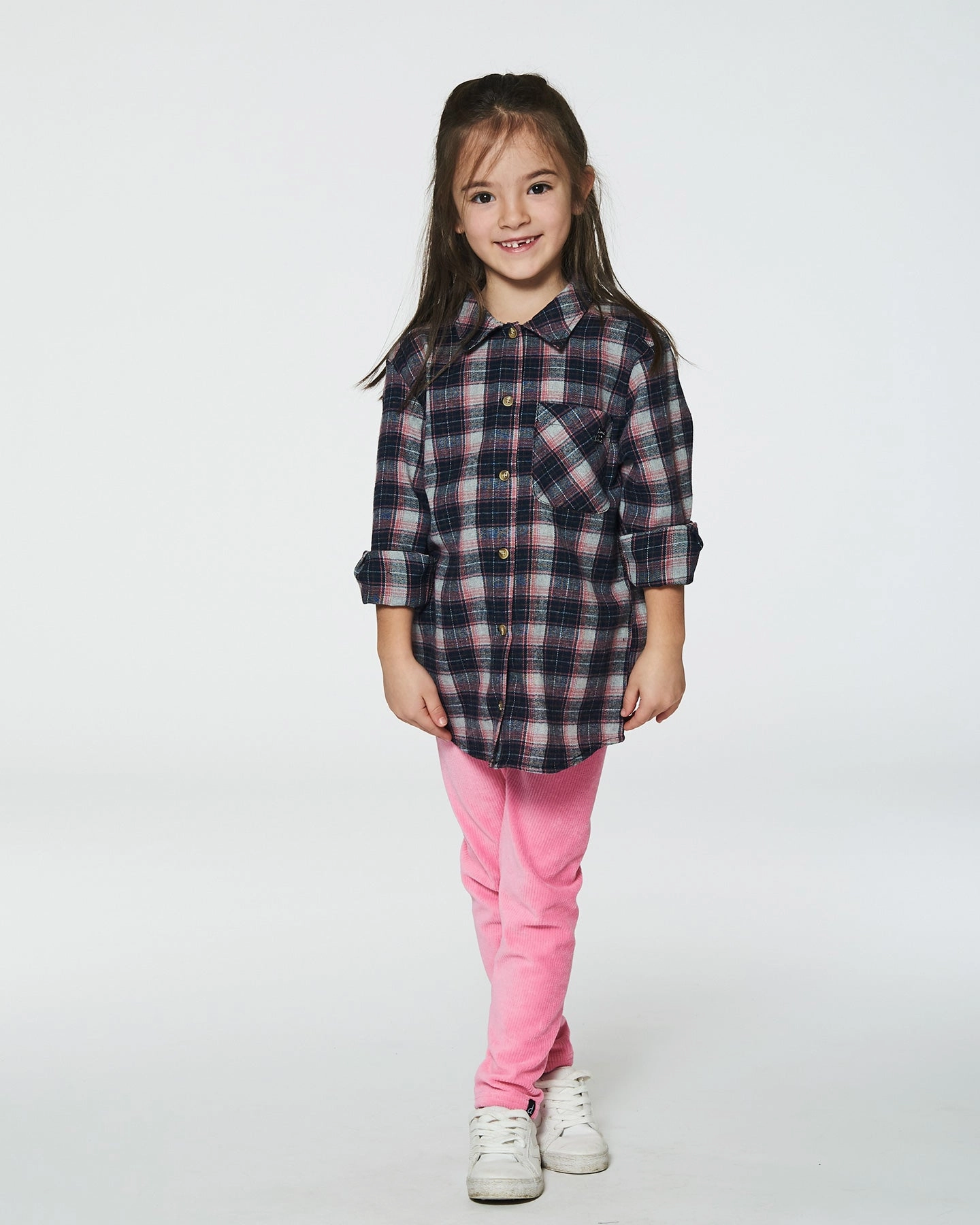 Long Sleeve Button Front Tunic Flannel Shirt Plaid Navy And Pink Girls Tunic Top