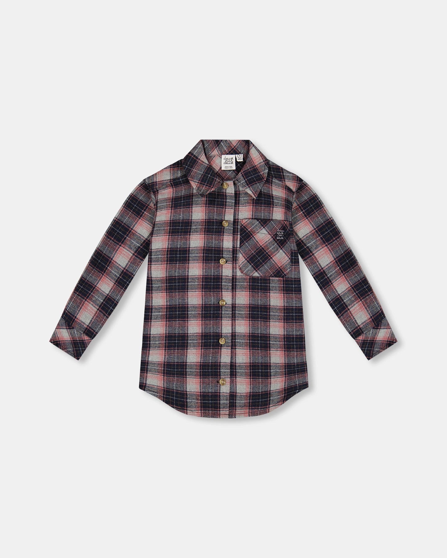 Long Sleeve Button Front Tunic Flannel Shirt Plaid Navy And Pink ruffle tops girls, long sleeve tees girls