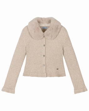 Mayoral Faux Fur Collar Cardigan ruffle tops girls, long sleeve tees girls
