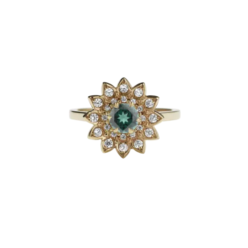 Meadowlark Jewellery Meadowlark Dahlia Engagement Ring - 9ct Yellow Gold, Green Sapphire & White Diamond