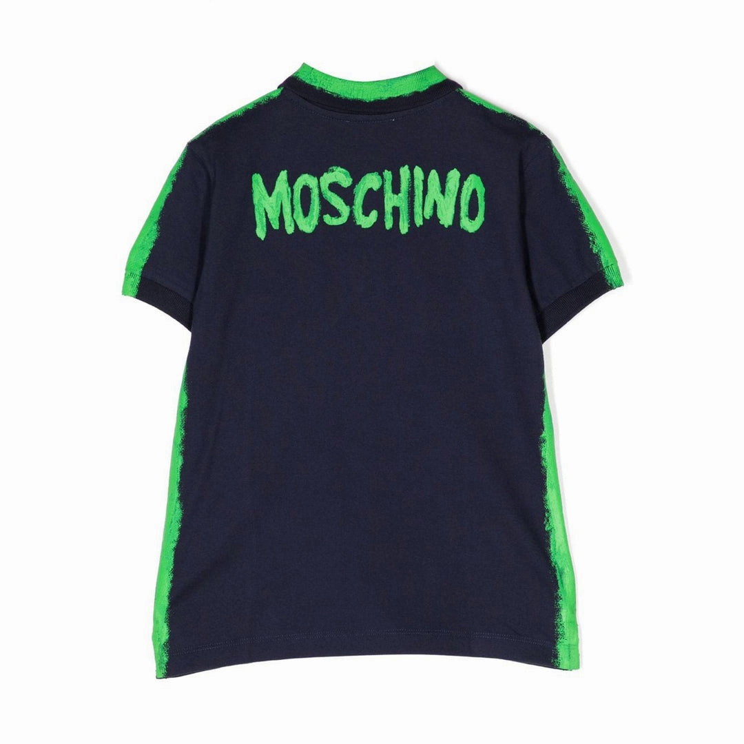 Moschino-Spray Paint Back Logo SS Polo-HOM03Y-LFA03-40016-Blue Navy Boys Henley T Shirt