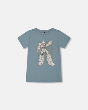 Organic Cotton Graphic Tee Grayish Teal And Robot graphic tees for boys, polo shirts boys
