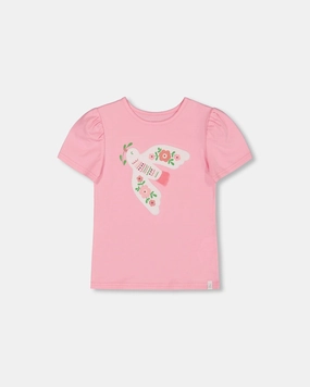Organic Cotton Tee With Puff Sleeve Candy Pink ruffle tops girls, long sleeve tees girls