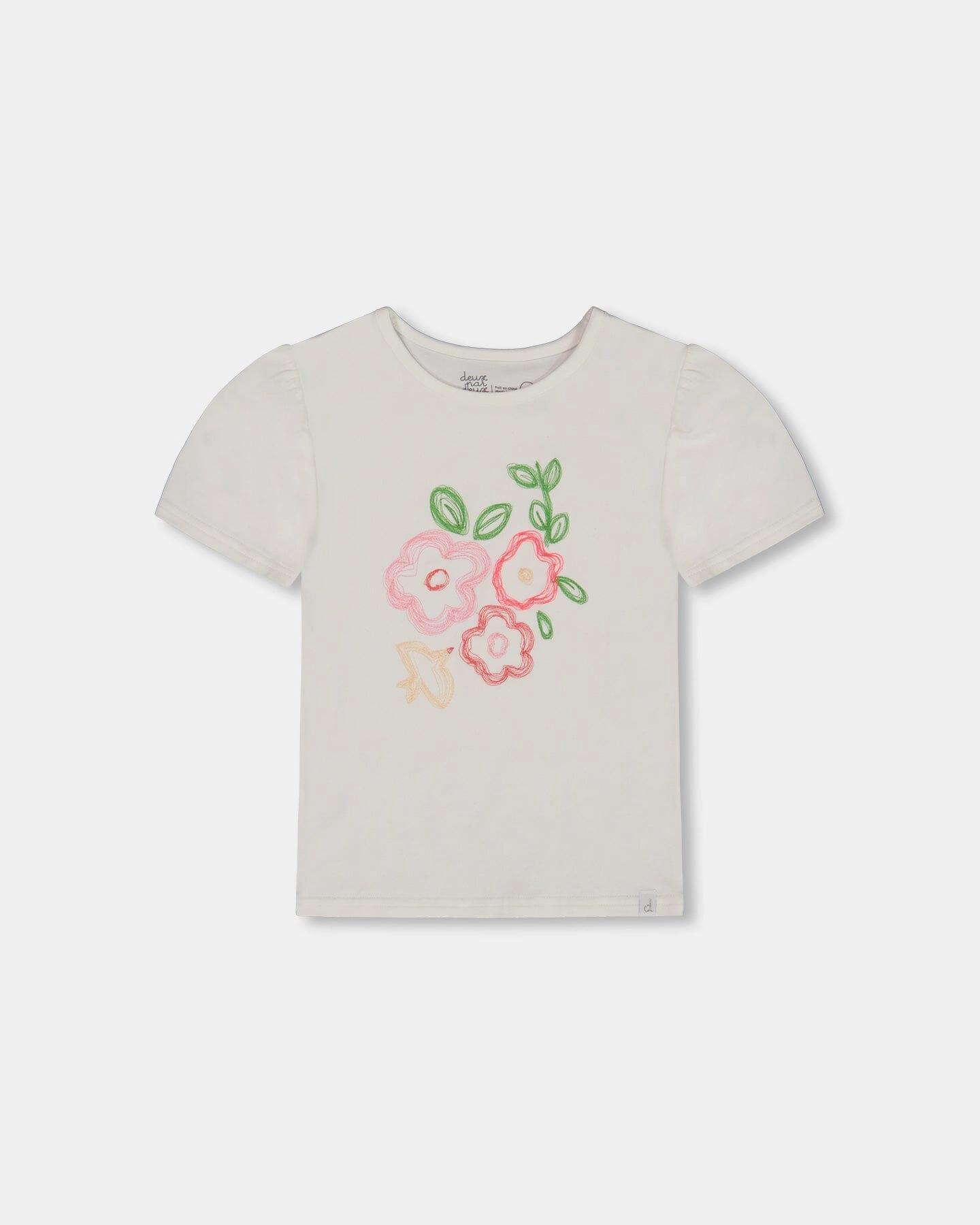 Organic Cotton Tee With Puff Sleeve Pink Flower On White Background ruffle tops girls, long sleeve tees girls