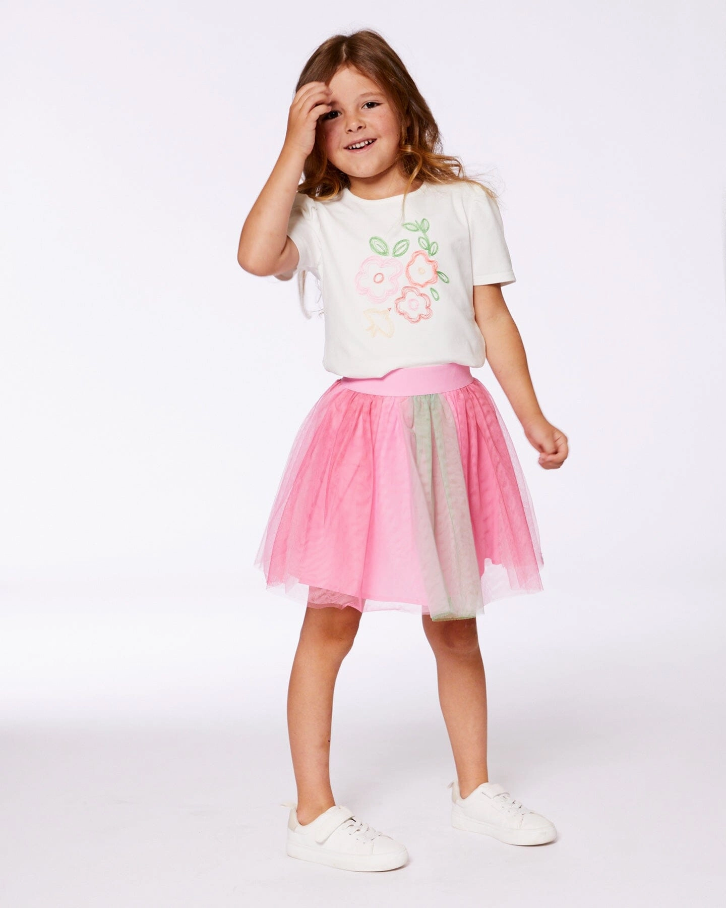 Organic Cotton Tee With Puff Sleeve Pink Flower On White Background Girls Tunic Top