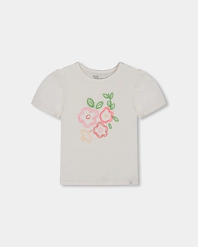 Organic Cotton Tee With Puff Sleeve Pink Flower On White Background ruffle tops girls, long sleeve tees girls