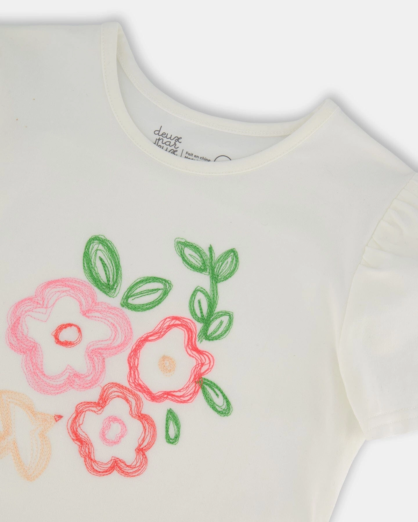 Organic Cotton Tee With Puff Sleeve Pink Flower On White Background Girls Tunic Top