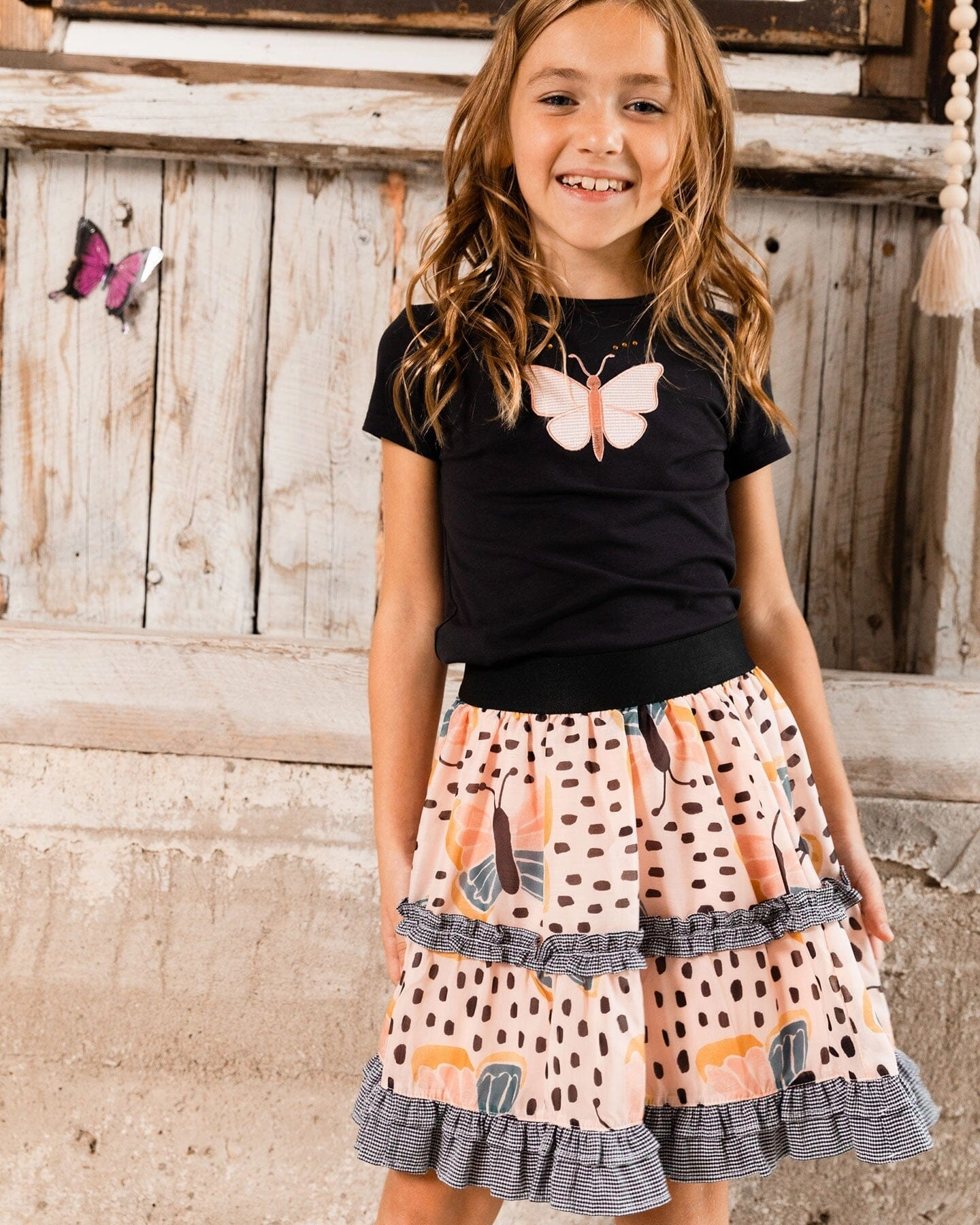 Organic Cotton Top With Applique Black And Pink Butterfly Girls Tunic Top