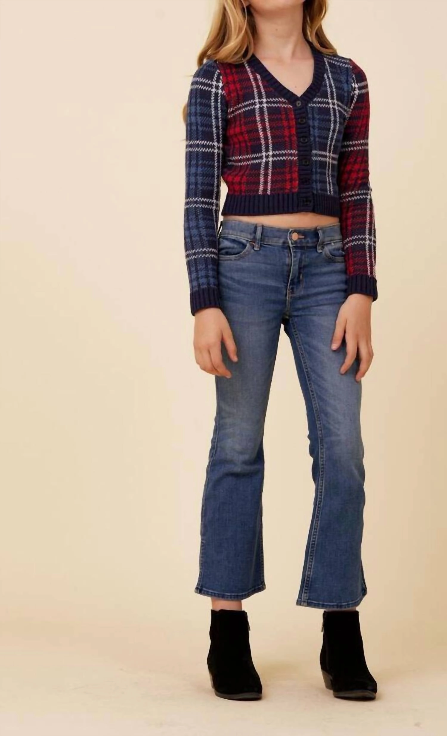 Plaid Cardigan In Blue - Red ruffle tops girls, long sleeve tees girls