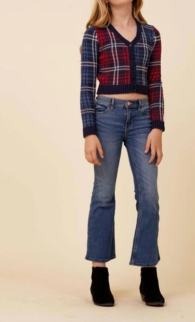 Plaid Cardigan In Blue - Red ruffle tops girls, long sleeve tees girls