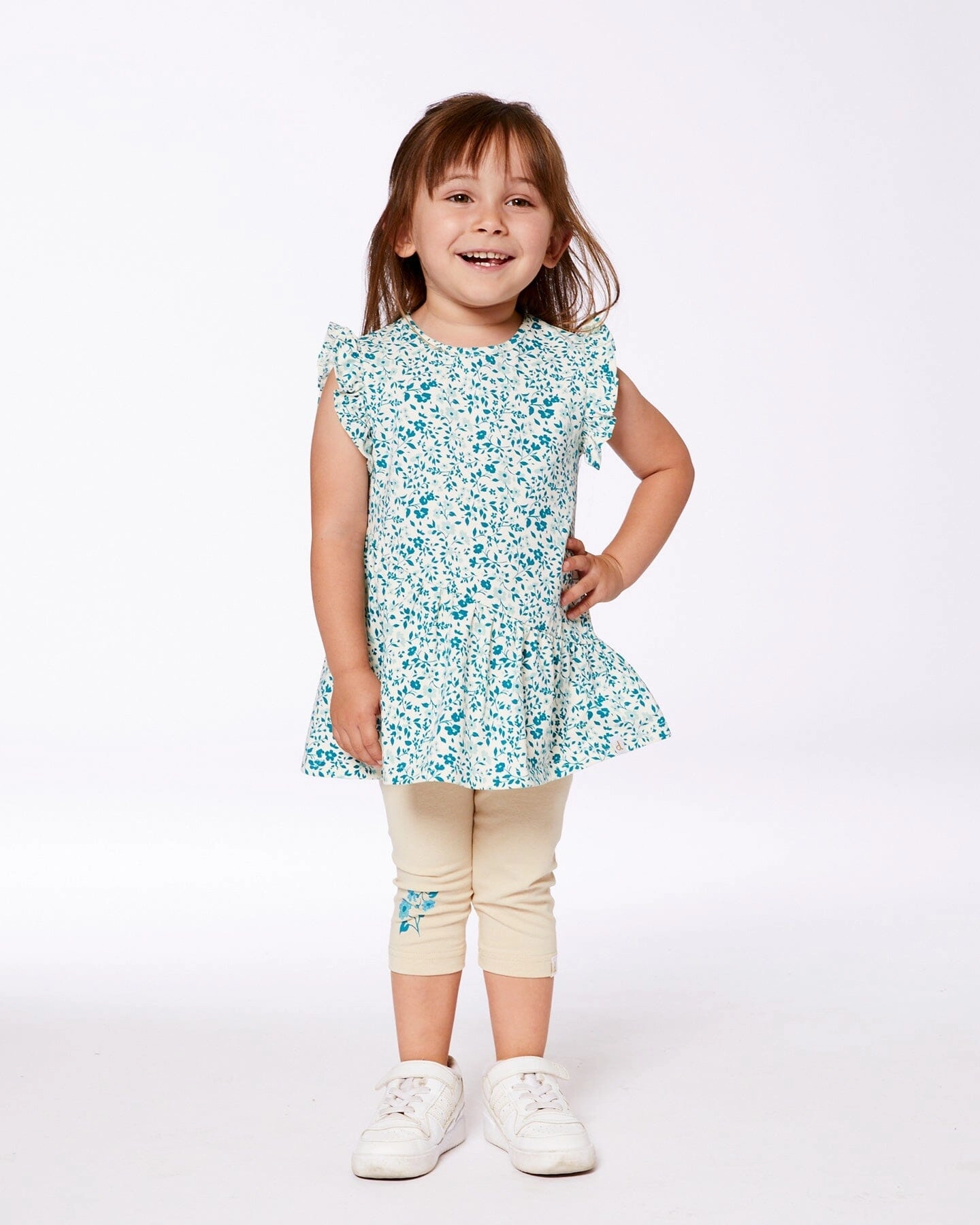 Printed Organic Cotton Tunic Top Small Turquoise Flowers Girls Tunic Top