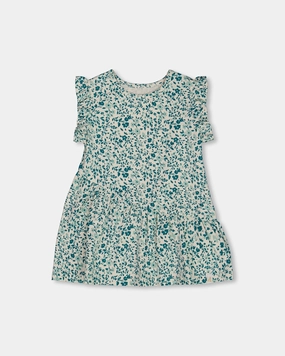 Printed Organic Cotton Tunic Top Small Turquoise Flowers ruffle tops girls, long sleeve tees girls