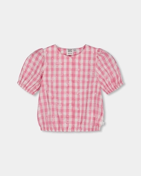 Puff Sleeve Top Pink And White Checks ruffle tops girls, long sleeve tees girls