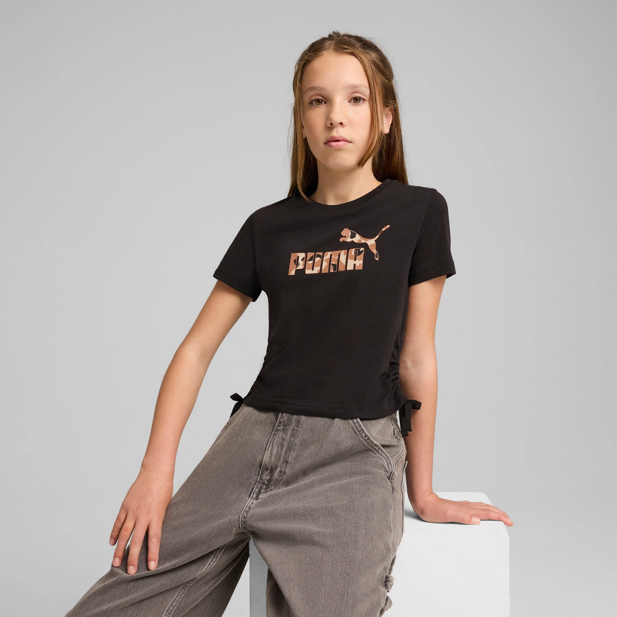 PUMA Big Kids' Girls' Essentials Animal Logo Infill Knotted Tee Girls Seamless Sportswear