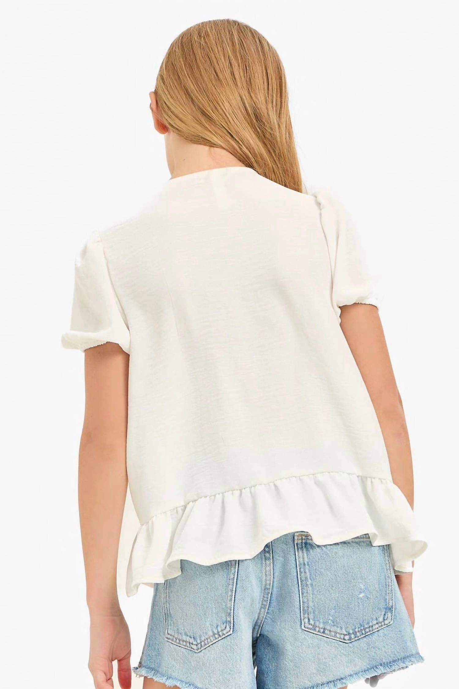 Ribbon Tie Front Ruffle Blouse In Ivory Girls Tunic Top
