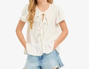 Ribbon Tie Front Ruffle Blouse In Ivory ruffle tops girls, long sleeve tees girls