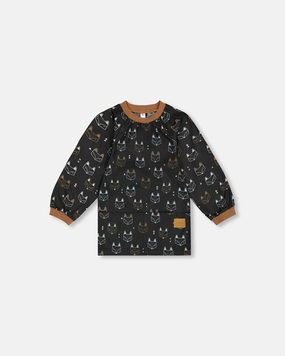 School Apron Black Printed Fox ruffle tops girls, long sleeve tees girls