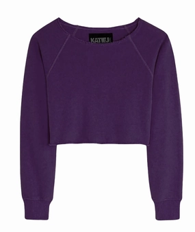 Shane Off Shoulder Crop Sweatshirt In Midnight Plum ruffle tops girls, long sleeve tees girls