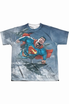 Superman In The Sky Short Sleeve Youth Poly Crew Tee / T-Shirt graphic tees for boys, polo shirts boys