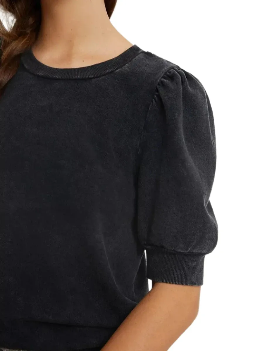 TLA Puff Sleeves Tee Shirt French Terry Black Mineral Washed