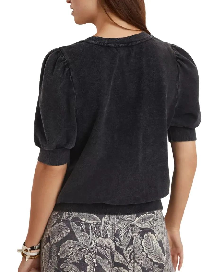 TLA Puff Sleeves Tee Shirt French Terry Black Mineral Washed