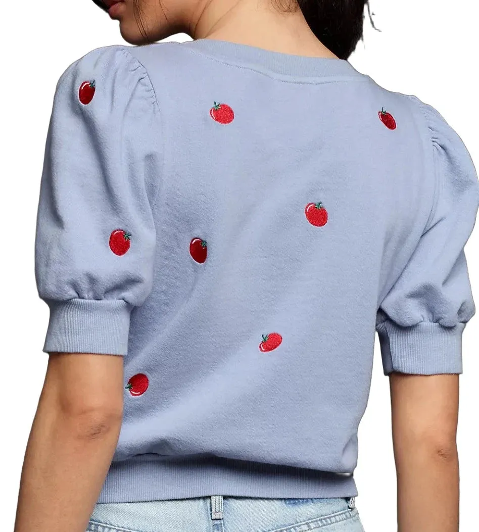 TLA Puff Sleeves Tee Shirt French Terry Blue with Cherries