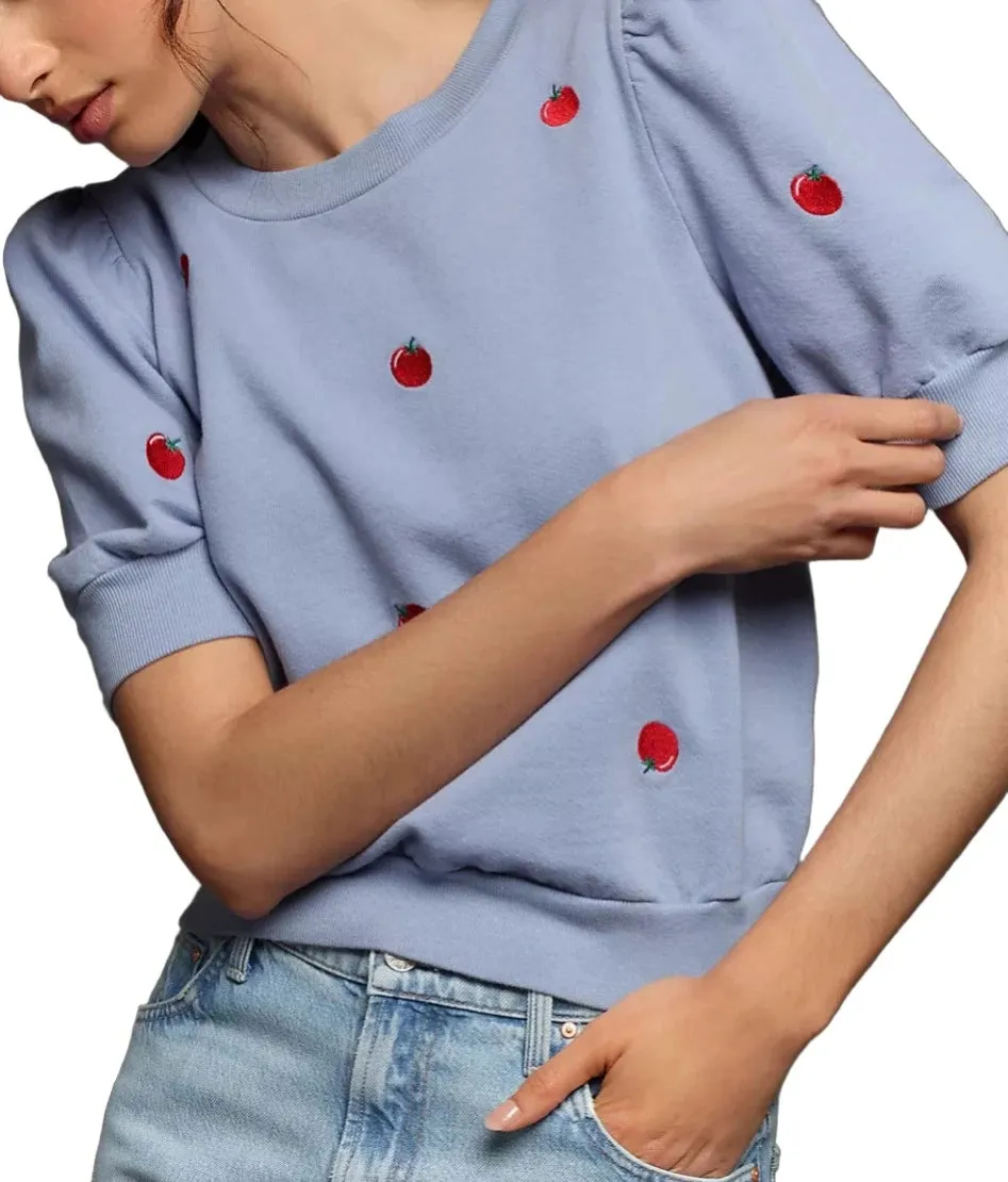 TLA Puff Sleeves Tee Shirt French Terry Blue with Cherries