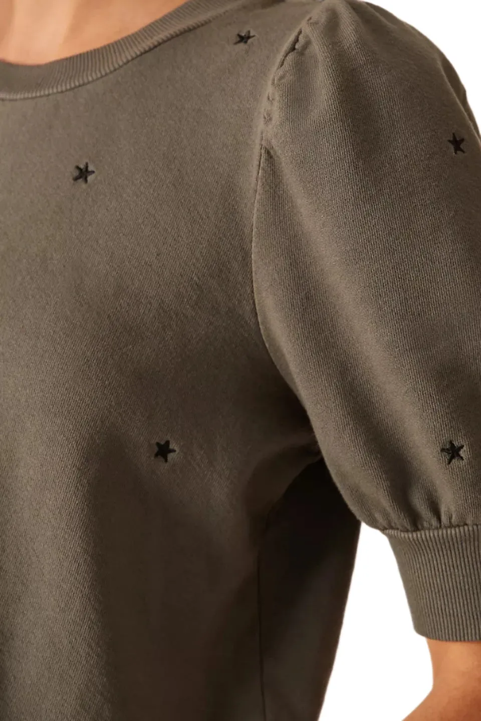 TLA Puff Sleeves Tee Shirt French Terry Charcoal with Stars