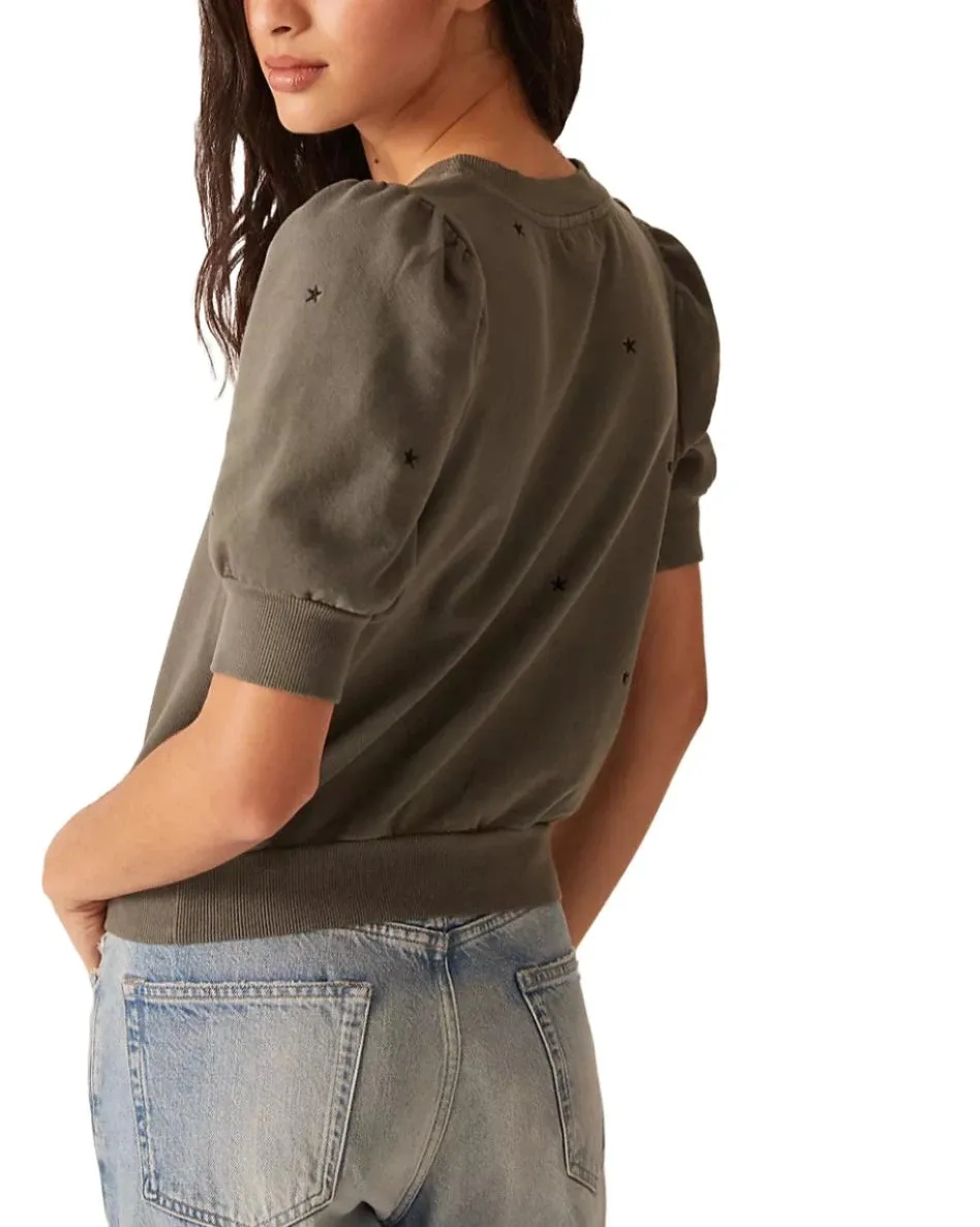 TLA Puff Sleeves Tee Shirt French Terry Charcoal with Stars